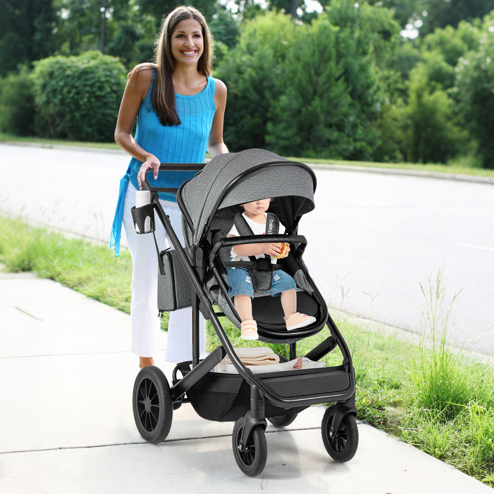 3-in-1 Folding Convertible Newborn Stroller with Detachable Bassinet-Gray - Gallery View 1 of 10