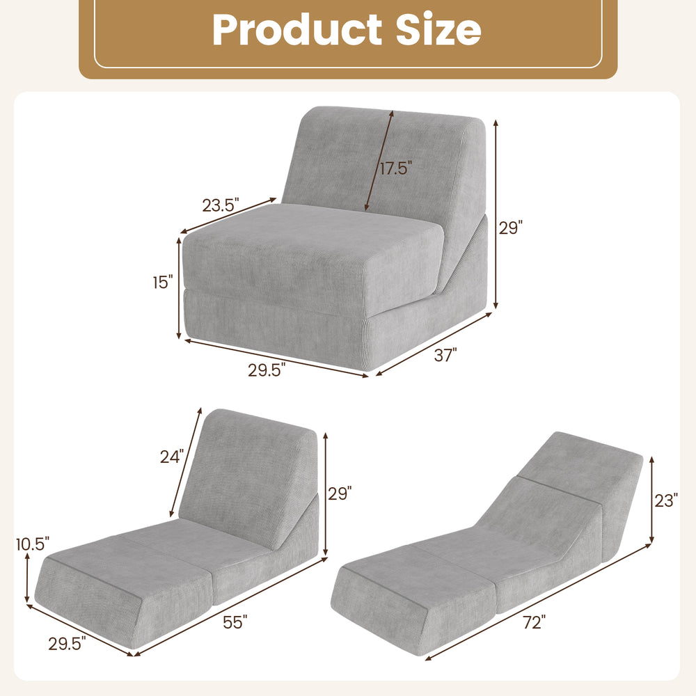 3-in-1 folding sofa bed in gray with dimensions for versatile use, featuring a washable zippered cover and thick sponge.