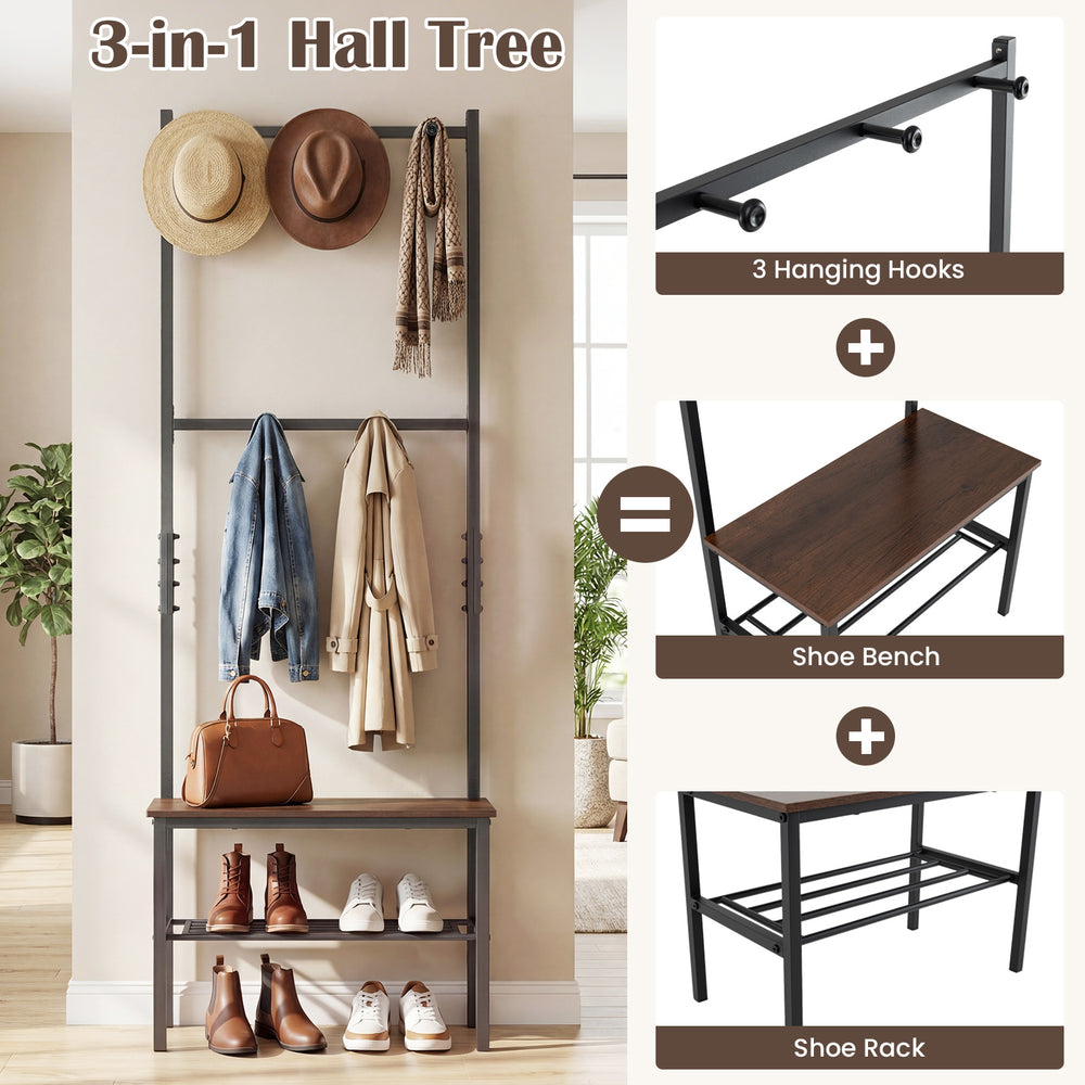 Freestanding 3-in-1 hall tree with hooks, shoe bench, and rack, featuring a sturdy metal frame for entryway.