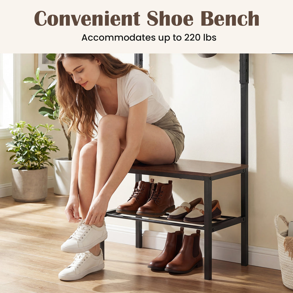 Shoe bench with a strong metal frame, accommodating up to 220 lbs, ideal for entryway organization and seating.