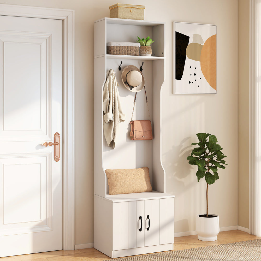 3-in-1 hall tree with bench and storage in white, featuring multiple hooks and adjustable shelves for organized.