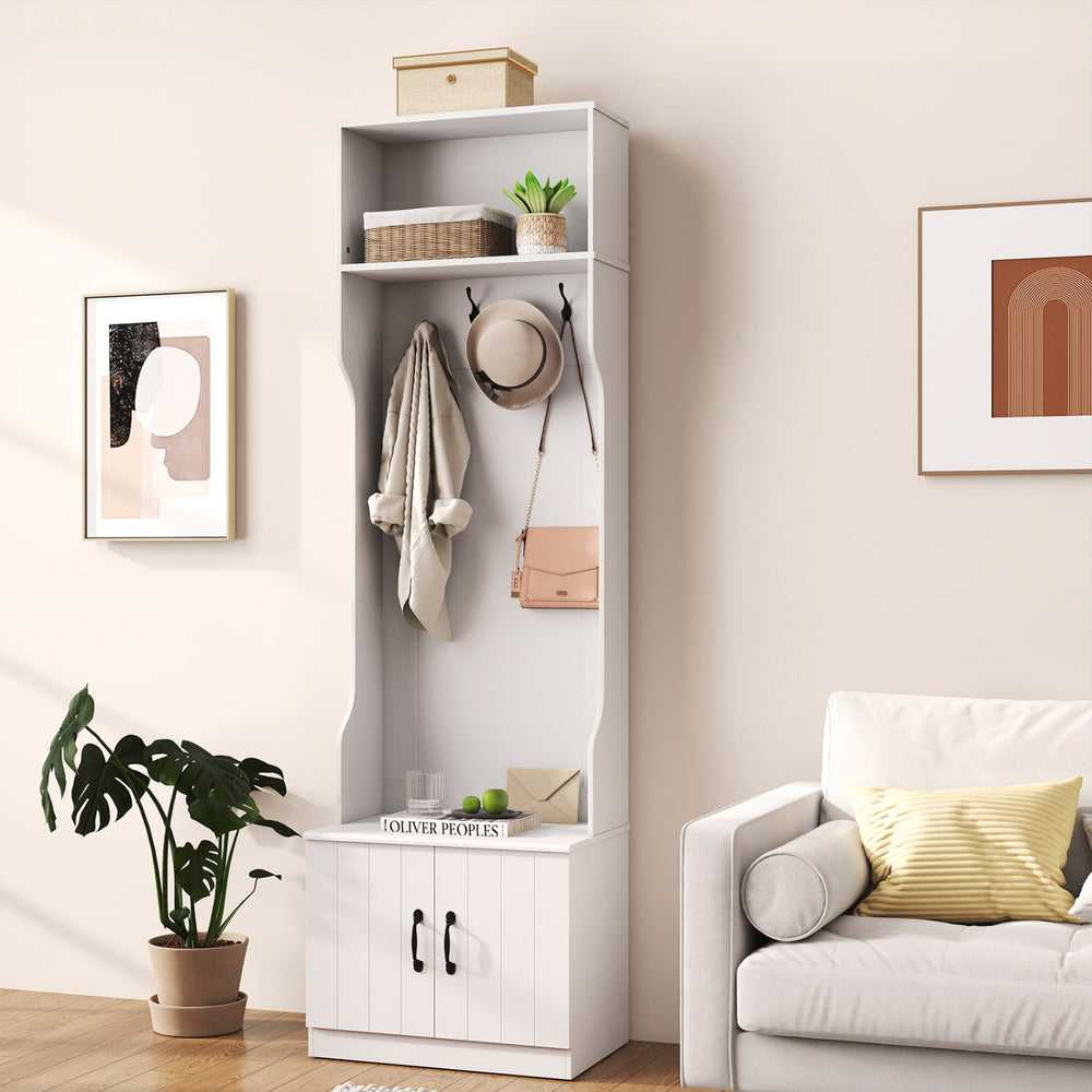 3-in-1 hall tree with bench and storage, featuring multiple hooks and cubbies, perfect for organizing your mudroom.