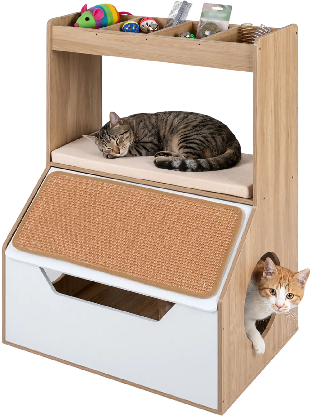 Natural wood cat house cabinet with side entry holes, soft removable cushion, and scratching pad for pet comfort.