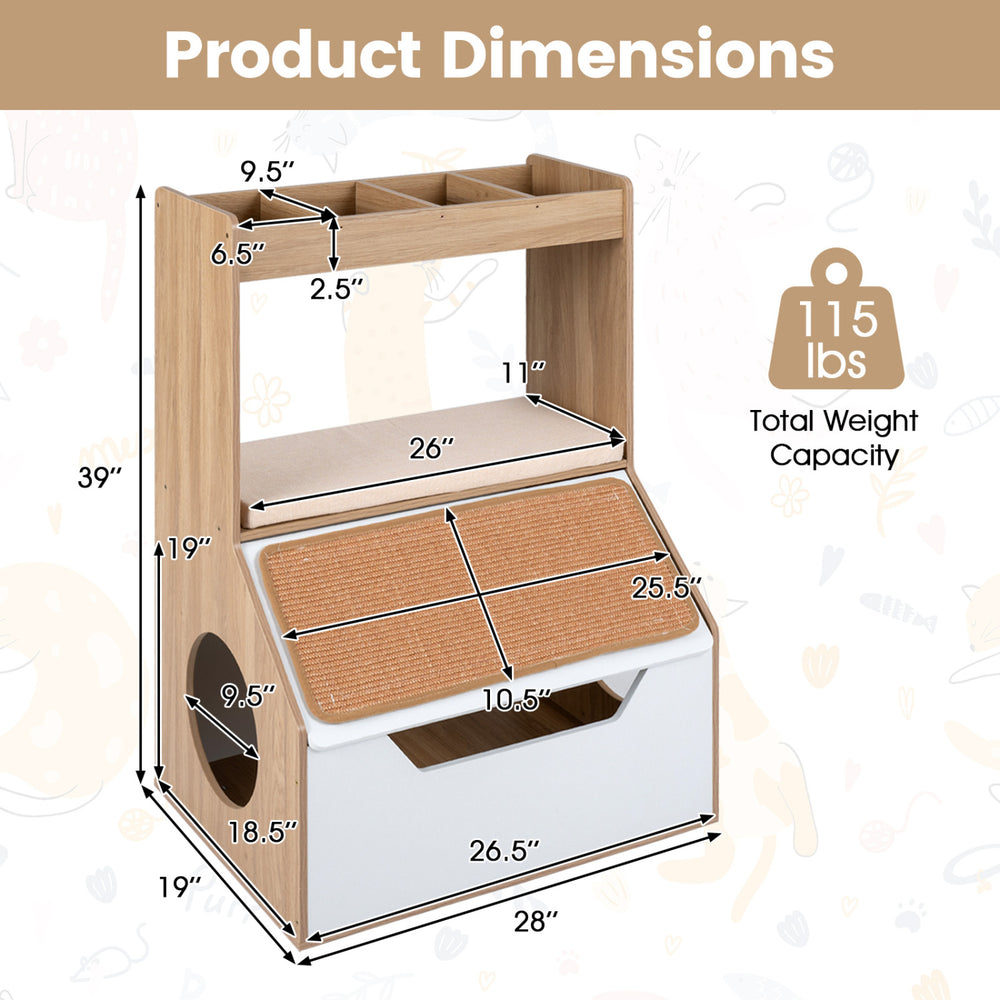3-in-1 hidden cat house cabinet in natural wood with removable cushion, scratching pad, and four cubbies for storage.