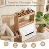 3-in-1 hidden cat house cabinet in natural wood with 4 cubbies, large storage, and a removable cushion for pet comfort.