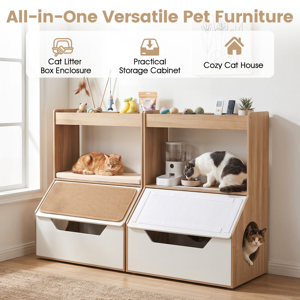 3-in-1 hidden cat house cabinet in natural wood with removable cushion, storage cubbies, and litter box enclosure for pets.