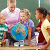 Illuminated world globe with stand, showcasing countries and constellations, ideal for educational use and exploration.