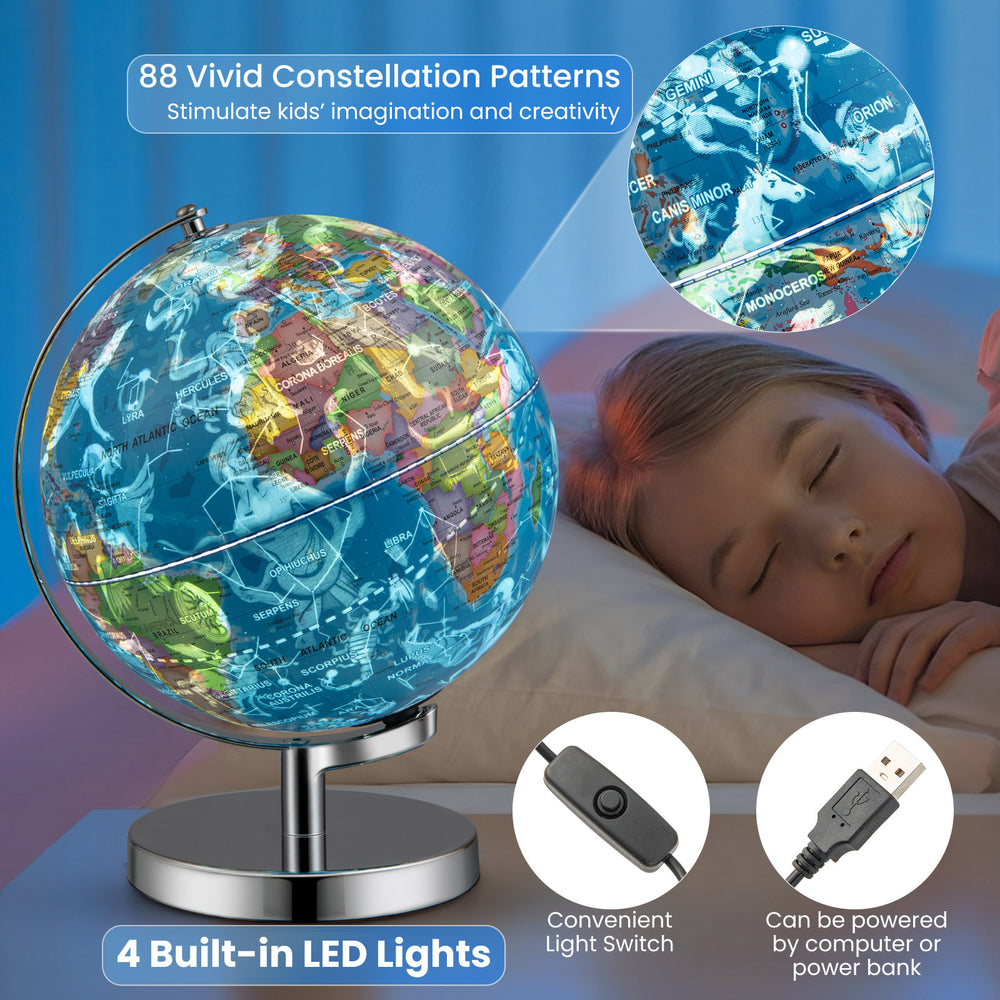 Illuminated world globe with 88 constellations, featuring a stable base for educational bedtime exploration.