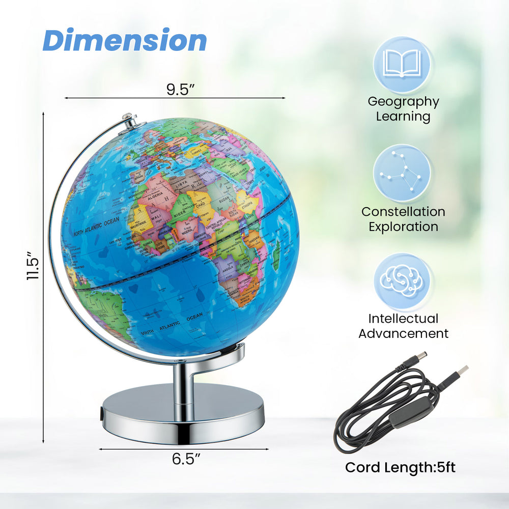 Illuminated 3-in-1 world globe with stand, featuring geographical and constellation maps for educational exploration.