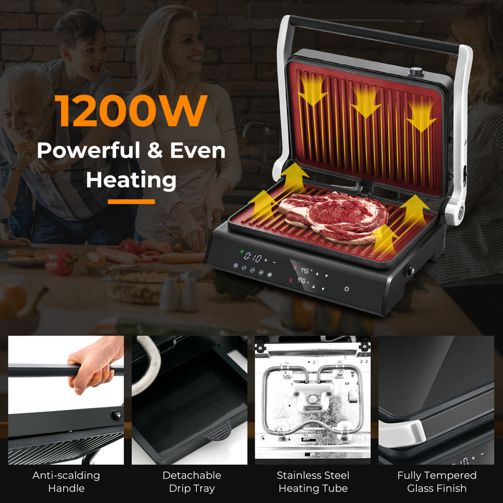 3 in 1 indoor electric panini press grill with LED display, 1200W power, non-stick plates, and detachable drip tray.