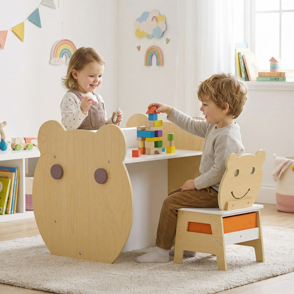Kids enjoying the 3-in-1 bear-themed art table with storage, featuring a reversible whiteboard and chalkboard.
