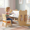 Kids art table and chair set in playful bear design with reversible whiteboard and storage for ages 3-10 years.