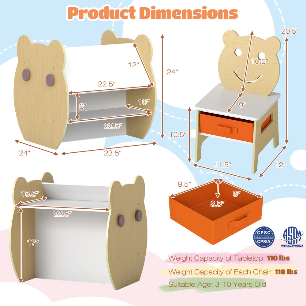 Kids art table and chair set with bear design, reversible whiteboard and chalkboard, ideal for ages 3-10 years.