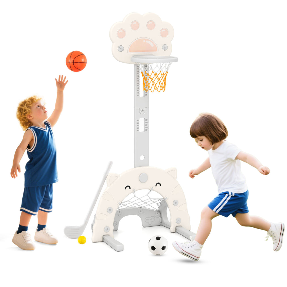 Kids playing with the 3 in 1 basketball hoop, featuring a foldable rim and adjustable height for active play.