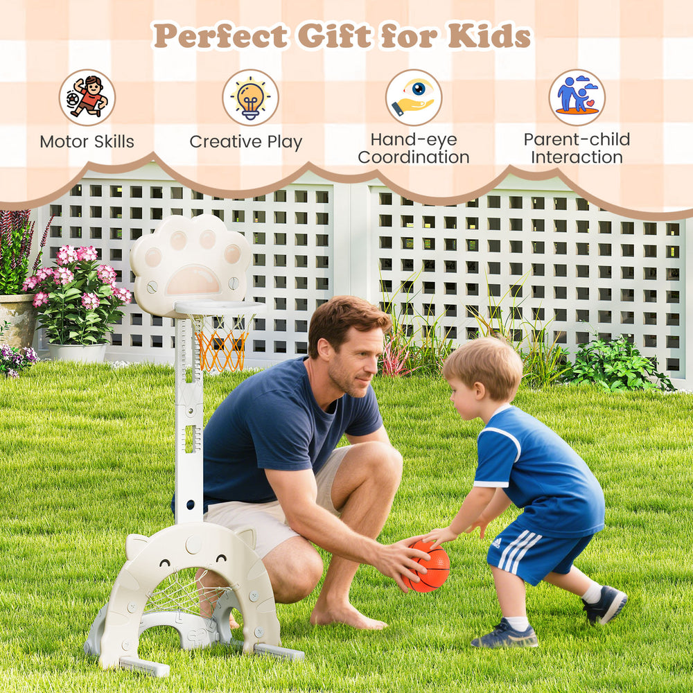 3 in 1 Kids Basketball Hoop in gray with adjustable height, foldable rim, and stable base for indoor and outdoor play.
