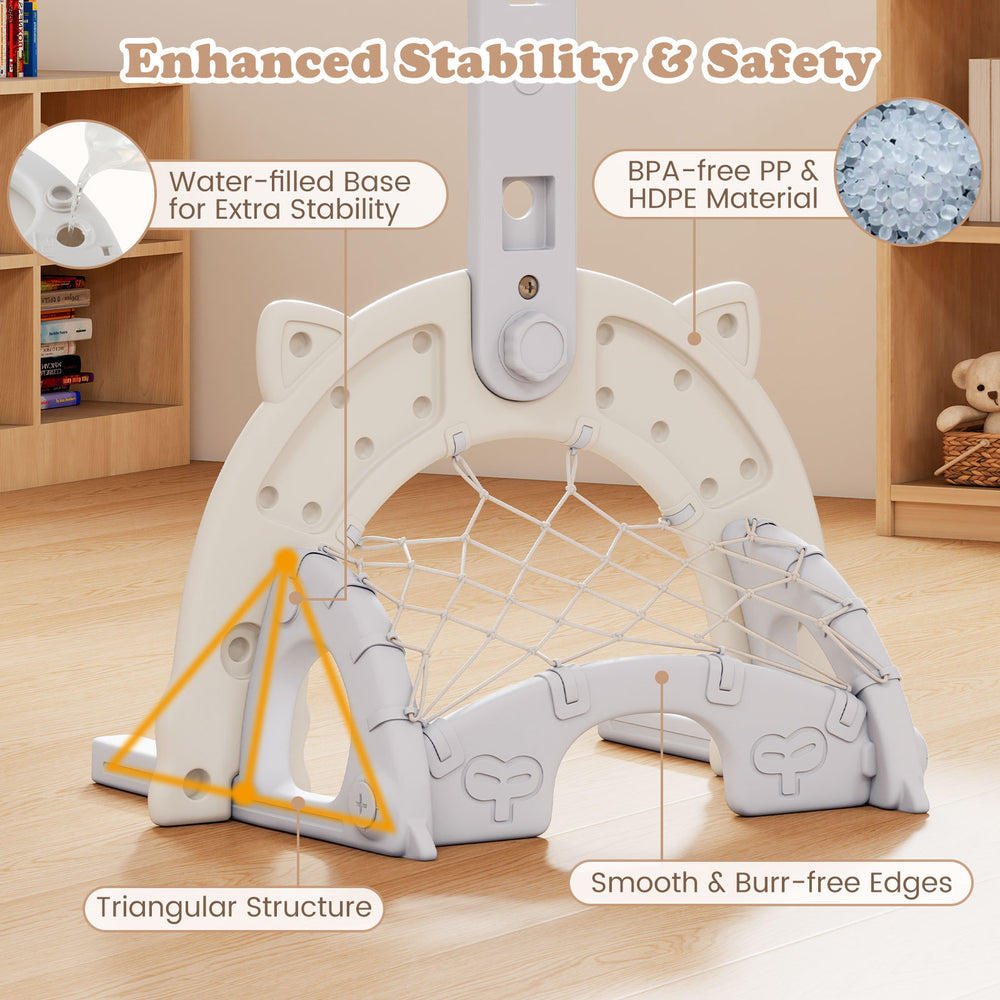 Gray 3 in 1 kids basketball hoop base with water-filled stability, triangular structure, and child-safe HDPE material.