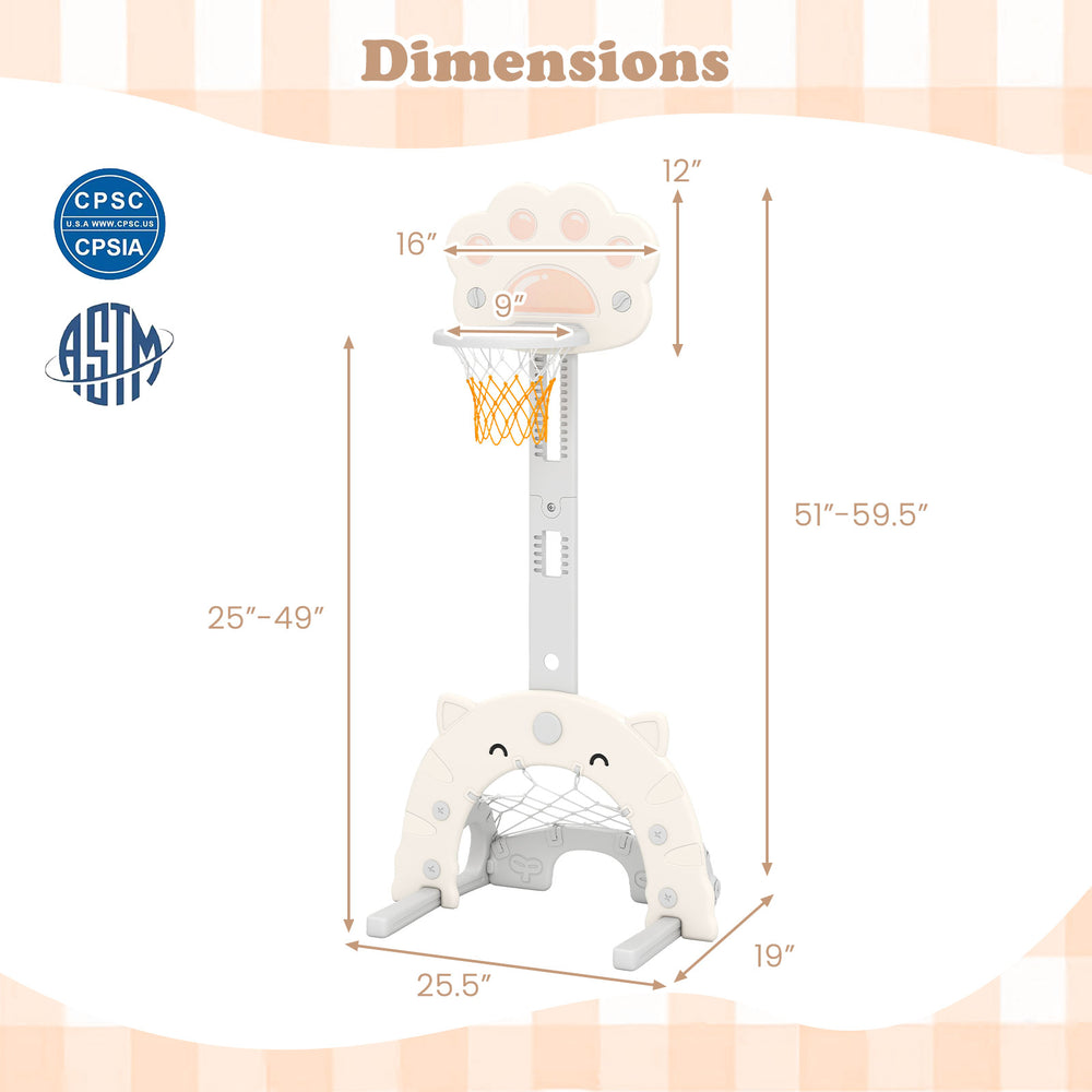 Kids basketball hoop with adjustable height, foldable rim, and stable triangular frame for indoor and outdoor play.