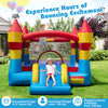 Colorful 3-in-1 kids bouncer with slide and basketball hoop, made of durable 420D oxford cloth for outdoor fun.