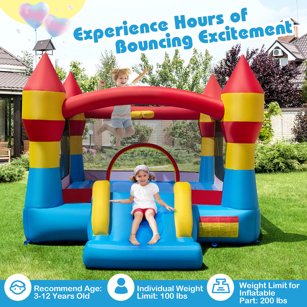 Colorful 3-in-1 kids bouncer with slide and basketball hoop, made of durable 420D oxford cloth for outdoor fun.