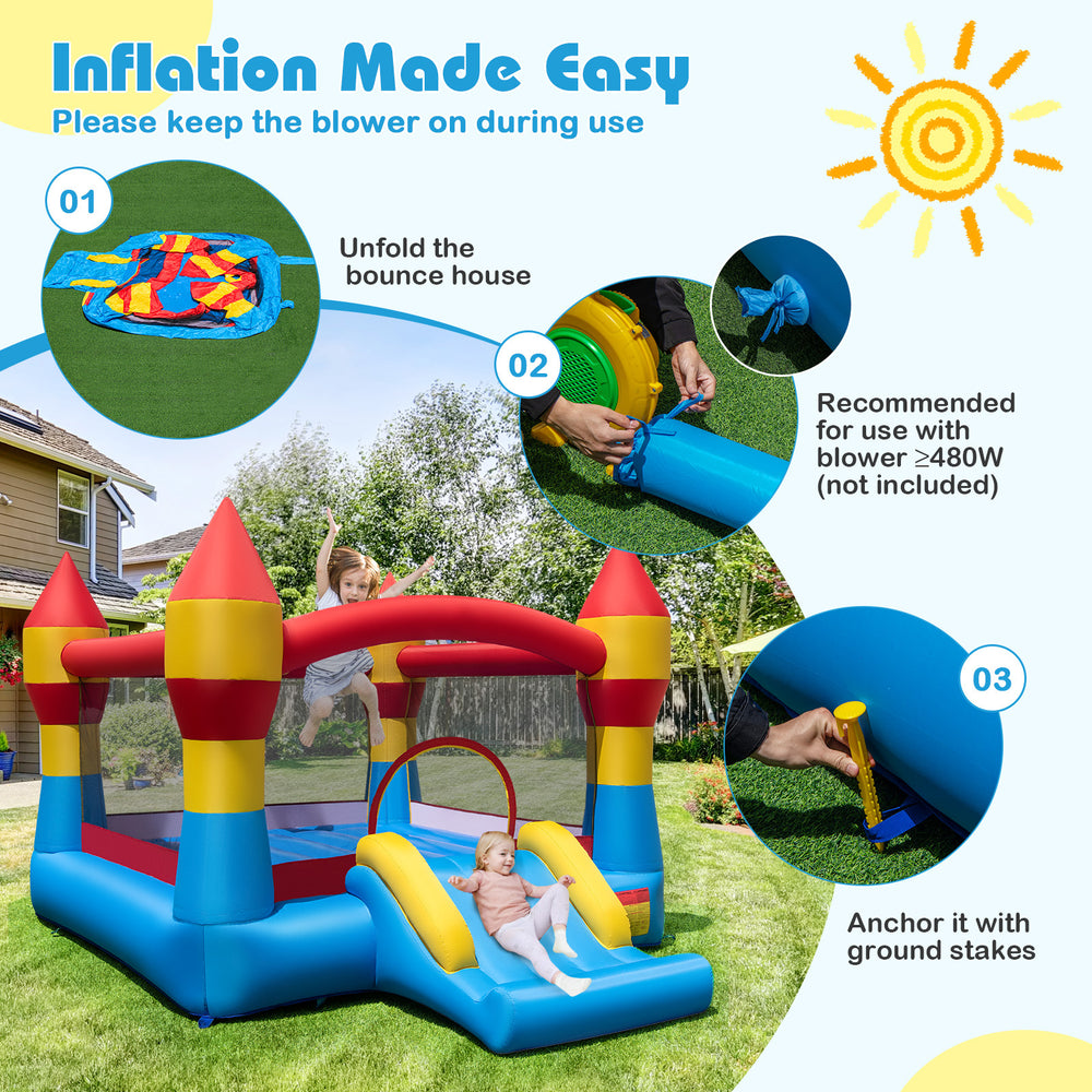 3-in-1 kids bouncer with slide and basketball hoop, featuring a large jumping area and durable waterproof fabric.