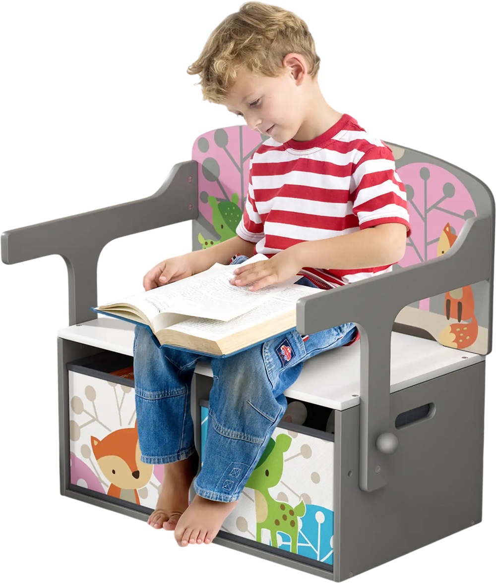 Kids convertible activity bench in gray with removable fabric bins, perfect for storage and play in any children's.