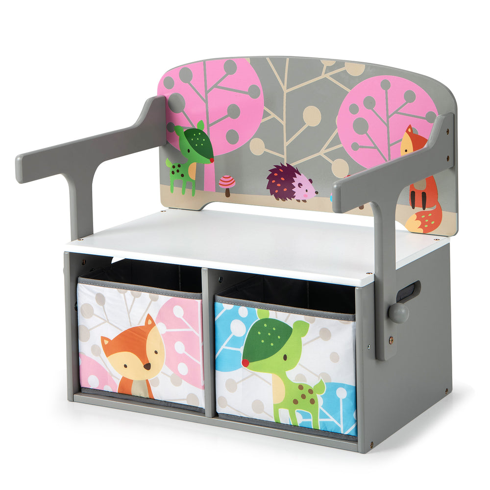 Kids convertible activity bench in gray with removable fabric bins, featuring playful animal designs for storage and.