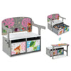 Kids convertible activity bench in gray with removable fabric bins, perfect for storage and play in any space.