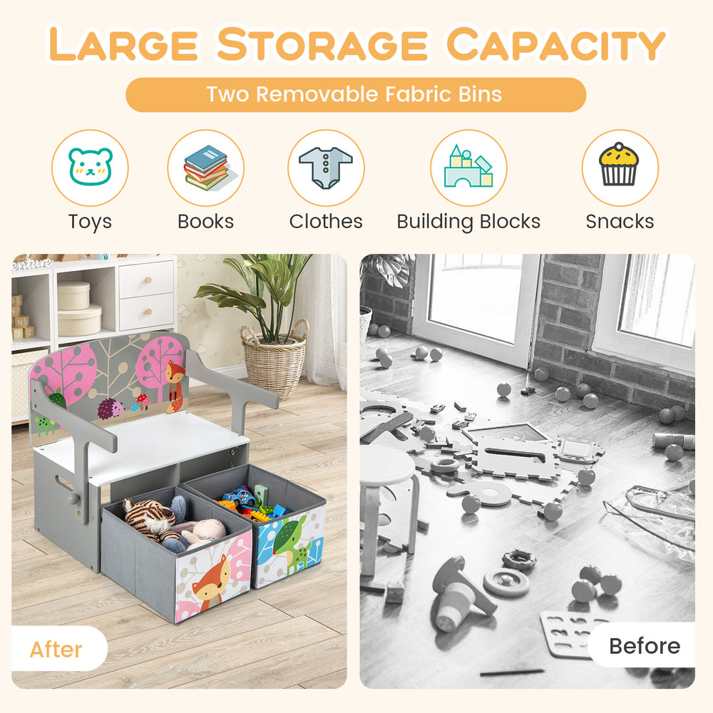 Kids convertible activity bench in gray with 2 removable fabric bins for storage, perfect for toys and books.