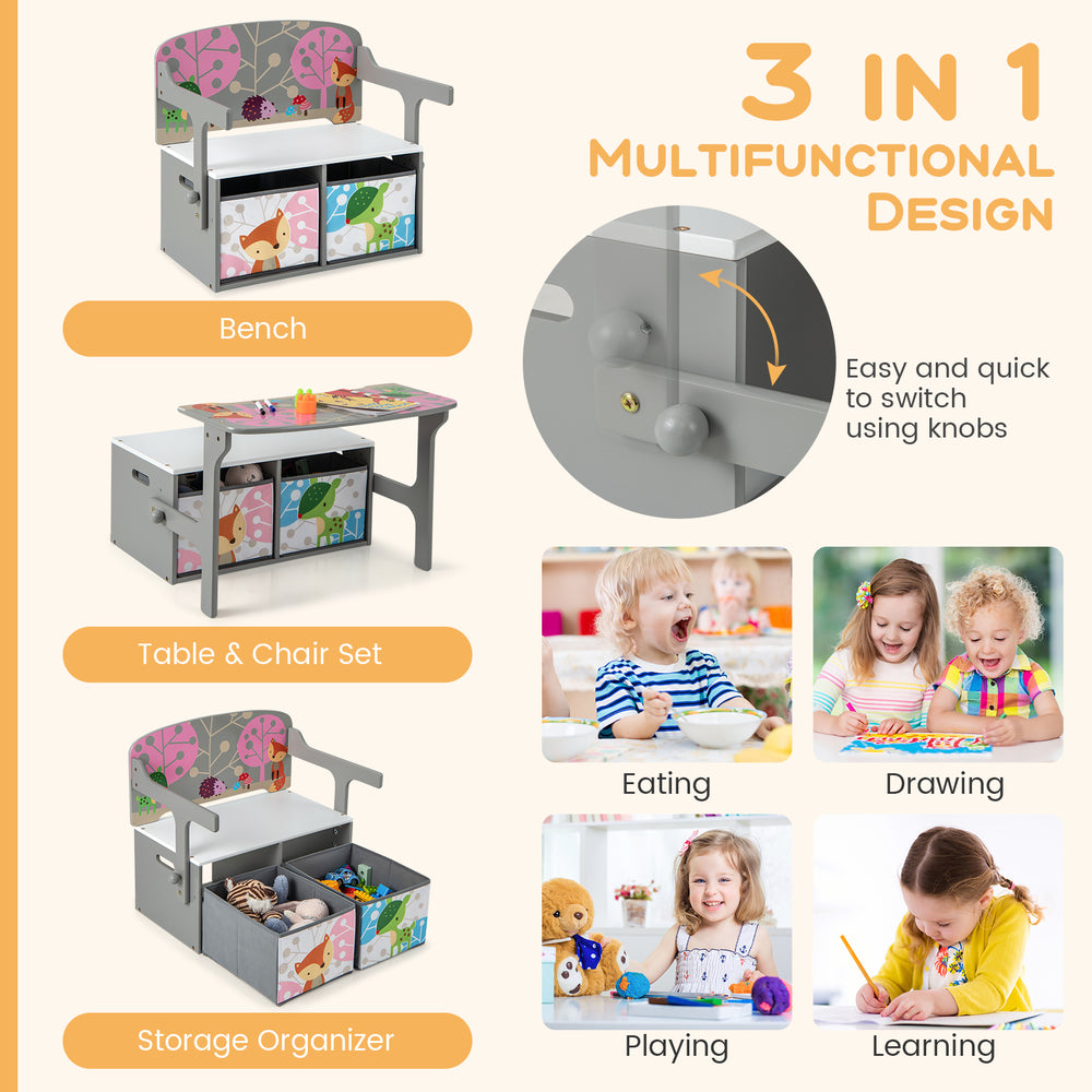 3 in 1 kids convertible activity bench in gray with removable fabric bins, perfect for storage and playtime activities.