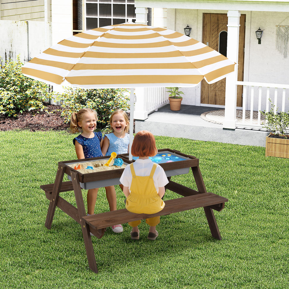 3-in-1 Kids Outdoor Picnic Water Sand Table with Removable Umbrella and Boxes-Coffee - Gallery View 1 of 9