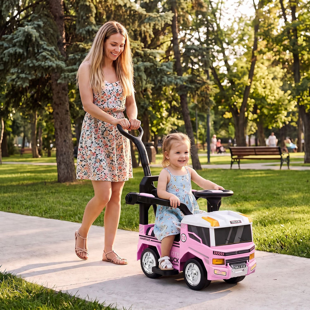 Pink 3-in-1 kids ride-on push car for toddlers features parental control, music buttons, and removable guardrails for comfort.