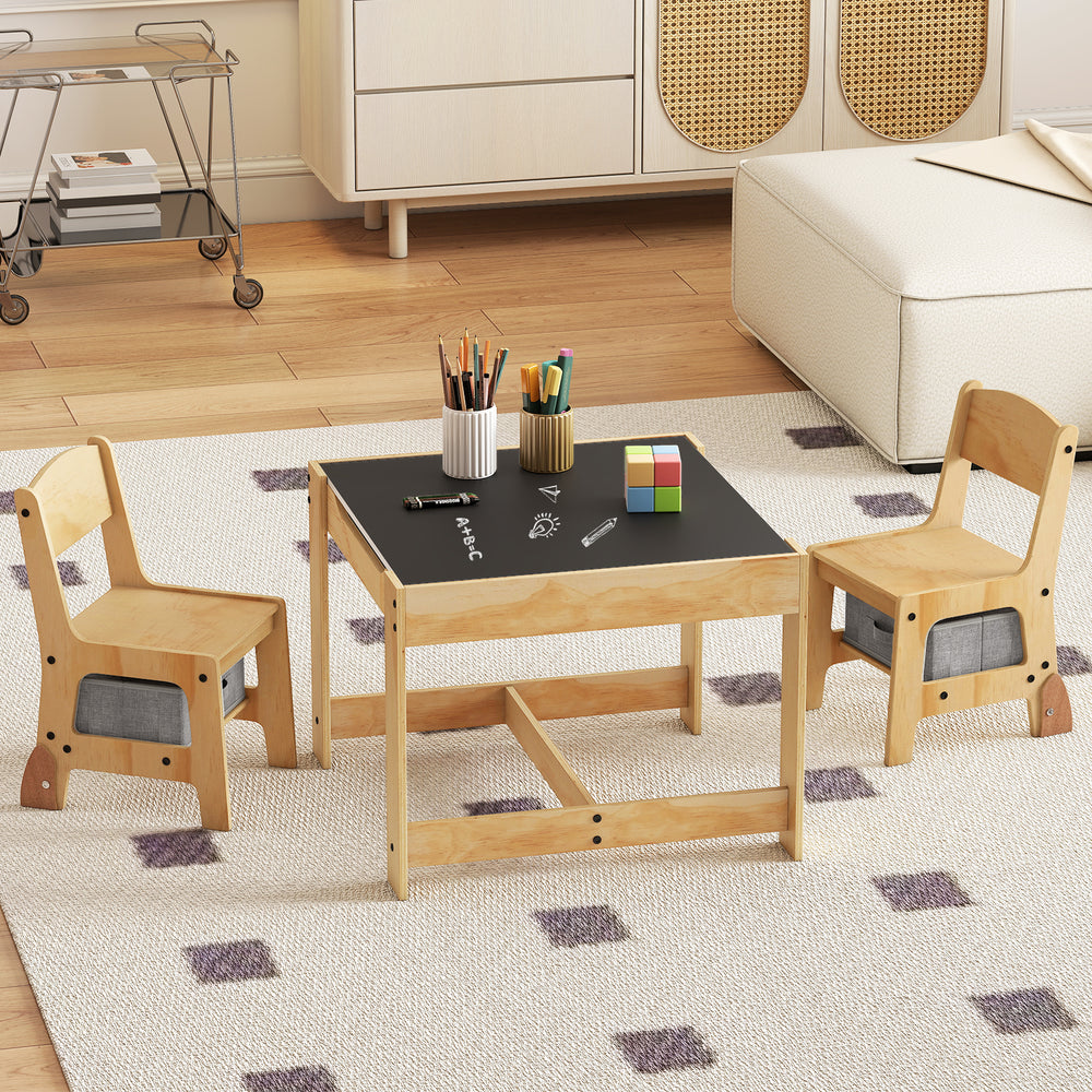 Compact kids table and chair set featuring two gray fabric drawers and a detachable double-sided tabletop for versatile.