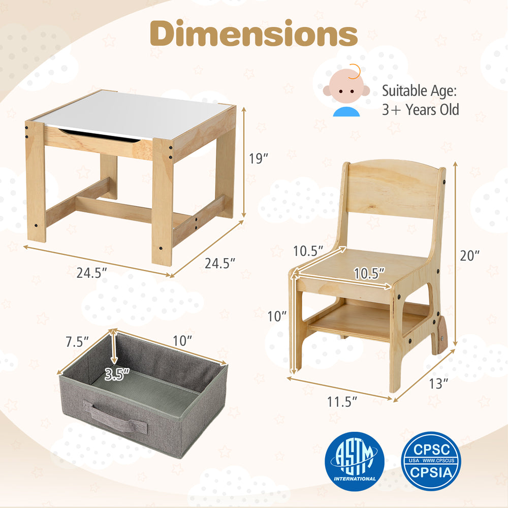 Kids table and chair set with removable tabletop, gray fabric drawers, and solid plywood construction for playroom use.