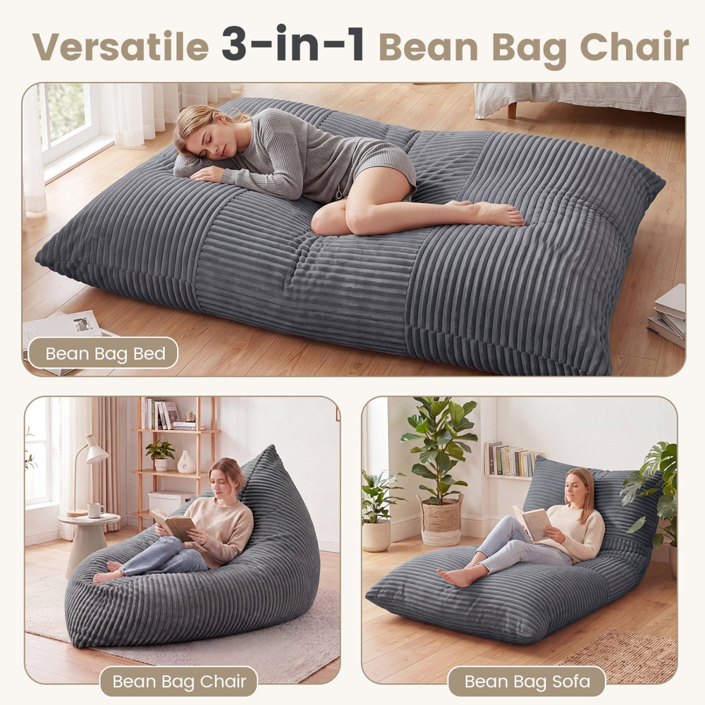 Large 3-in-1 bean bag chair in soft corduroy fabric, convertible for lounging, reading, or relaxing in any room.