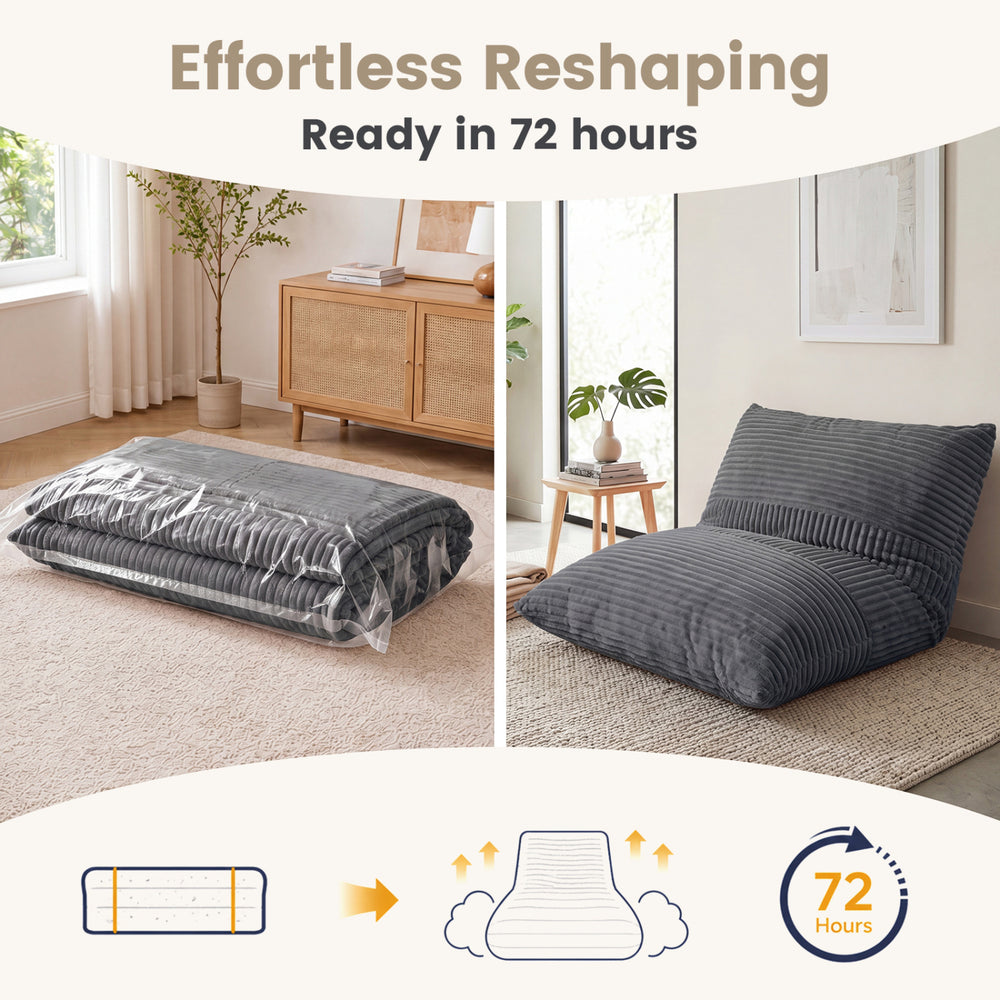 Large 3-in-1 bean bag chair in grey, convertible to bed, featuring soft crushed sponge and breathable corduroy fabric.