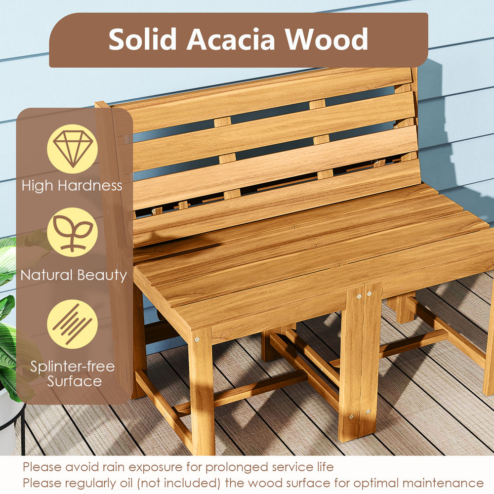 Solid acacia wood loveseat bench with slatted seat, featuring a splinter-free surface for outdoor comfort and.
