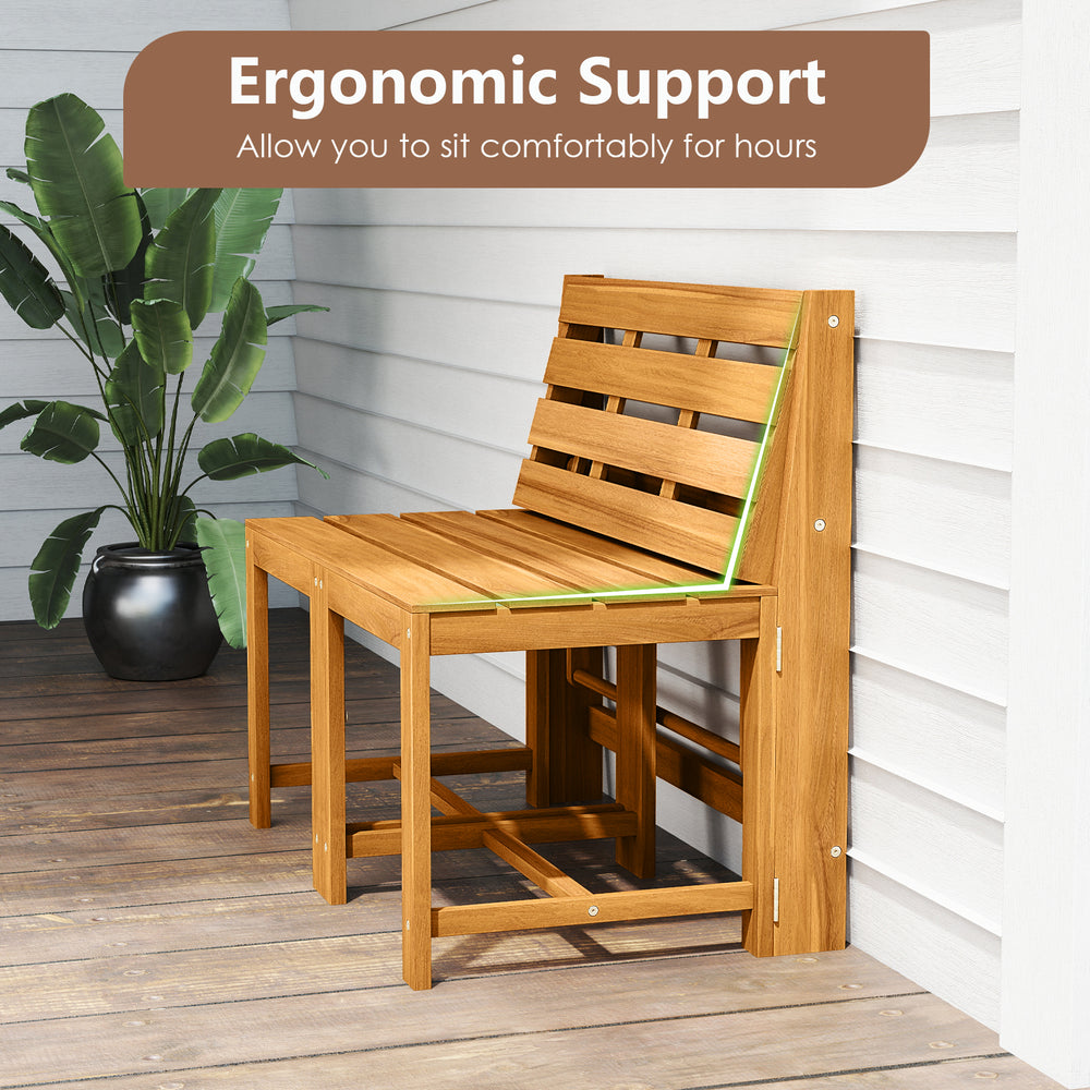 Acacia wood loveseat bench with slatted seat and ergonomic backrest, perfect for outdoor relaxation on porch or garden.