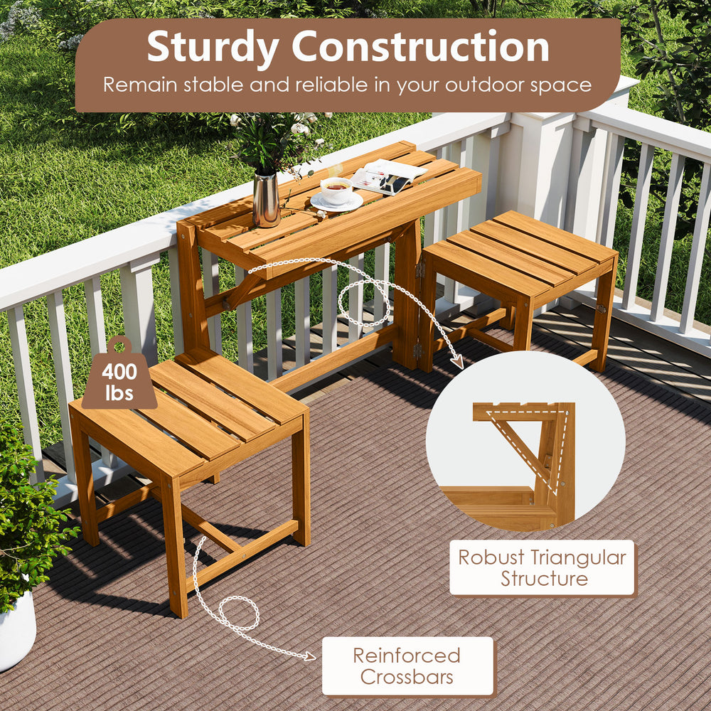 3-in-1 outdoor acacia wood loveseat bench set with slatted seat, sturdy construction, ideal for garden or patio use.