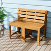 Acacia wood loveseat bench with slatted seat, perfect for outdoor spaces like porches and gardens.
