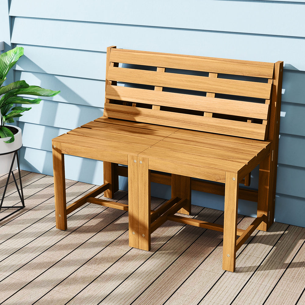 Acacia wood loveseat bench with slatted seat, perfect for outdoor spaces like porches and gardens.