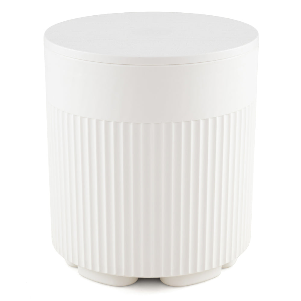 Round white 3-in-1 outdoor cooler side table features a fluted design and 6.2-gallon capacity for versatile use.