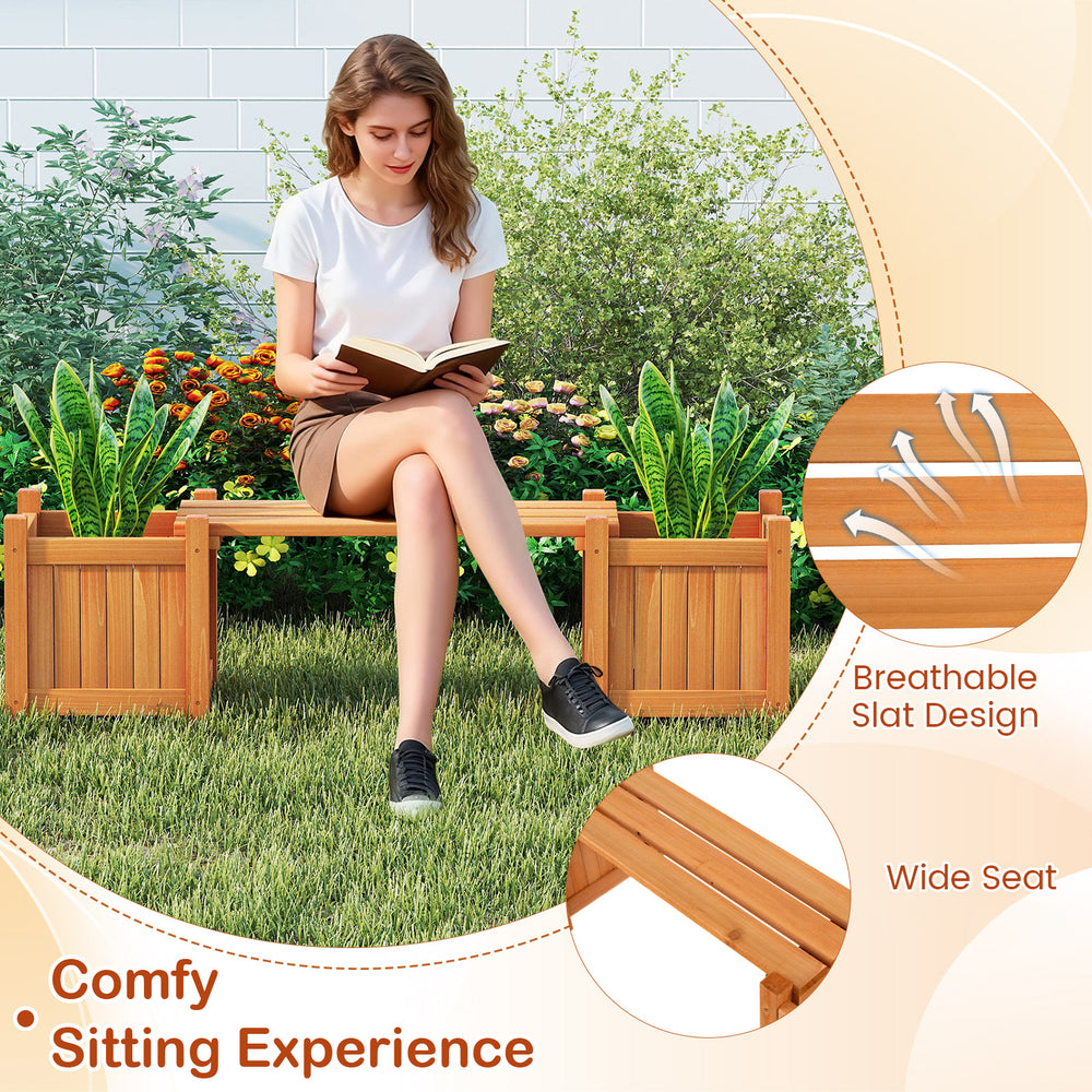 Outdoor bench with breathable slat design and two side planter boxes, made of durable fir wood for gardens and patios.