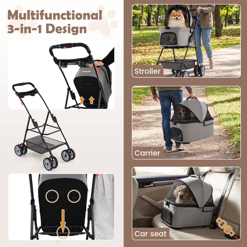 3-in-1 pet stroller in gray, shown as a carrier, featuring zippered mesh openings and a collapsible frame for easy.