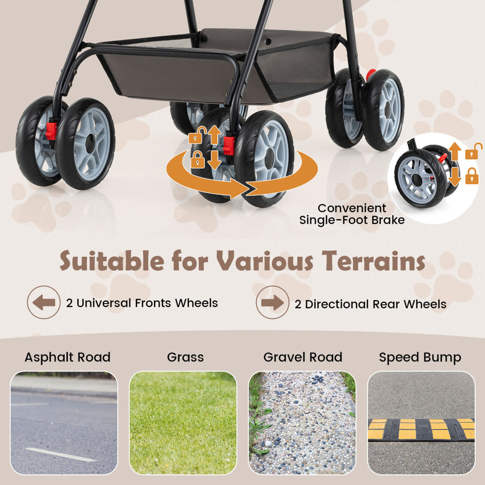 3-in-1 pet stroller with removable carrier, featuring universal front wheels and a single-foot brake for various.