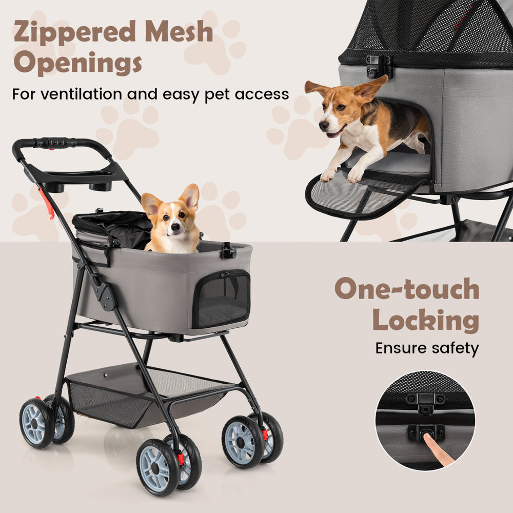 3-in-1 pet stroller with zippered mesh openings, one-touch locking, and removable carrier for safe, flexible travel.