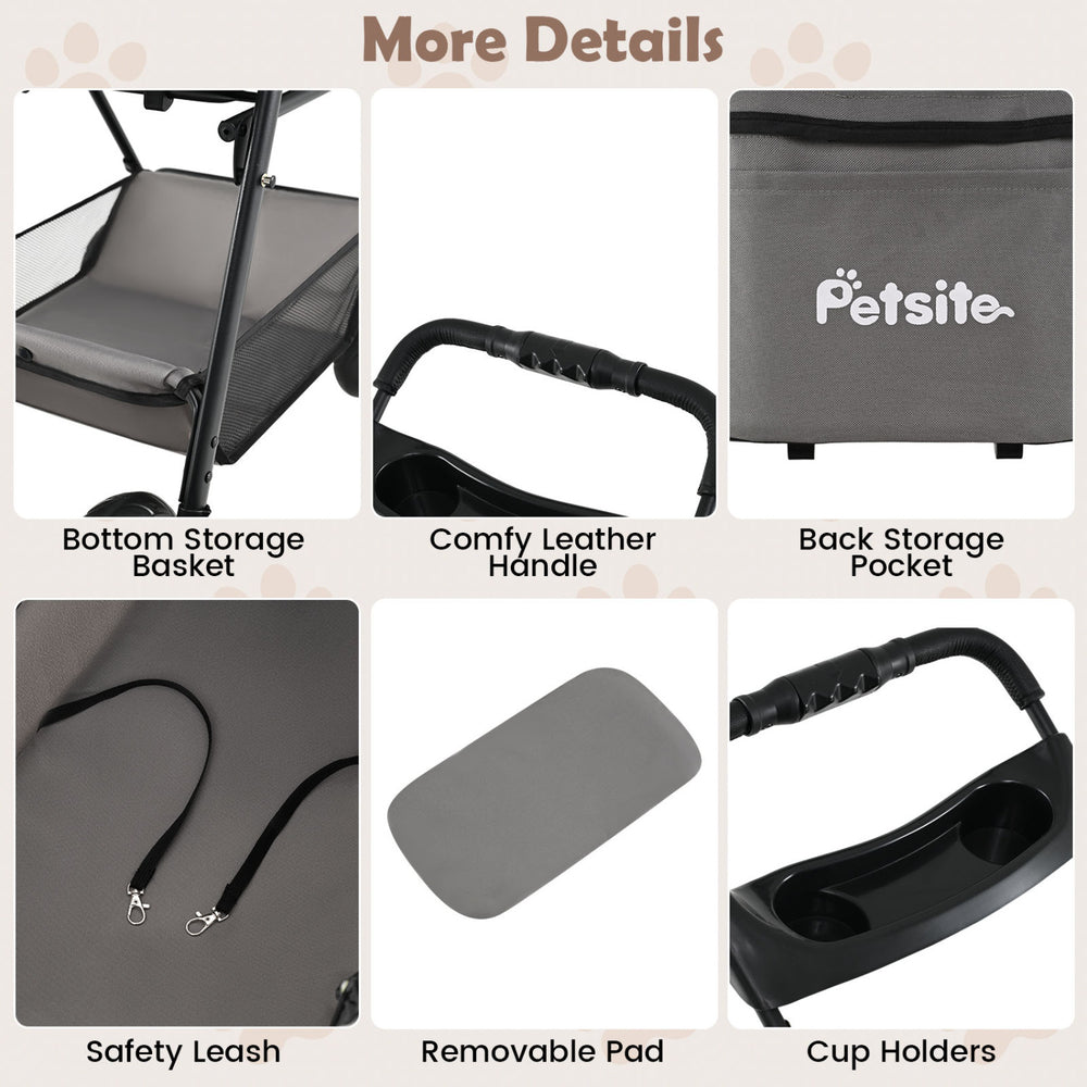 Detail of the 3-in-1 pet stroller showing the comfy leather handle, cup holders, and removable pad for added.