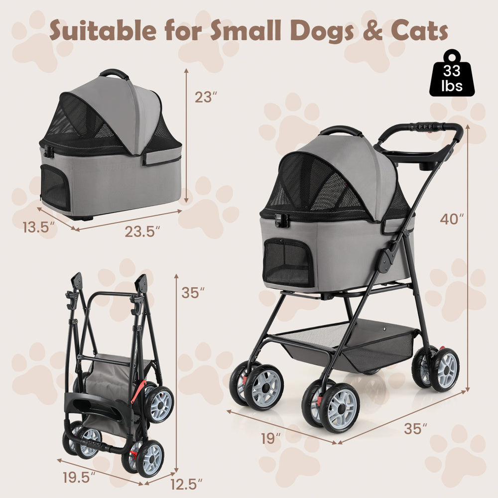3-in-1 gray pet stroller with removable carrier, collapsible frame, and safety features for small dogs and cats.