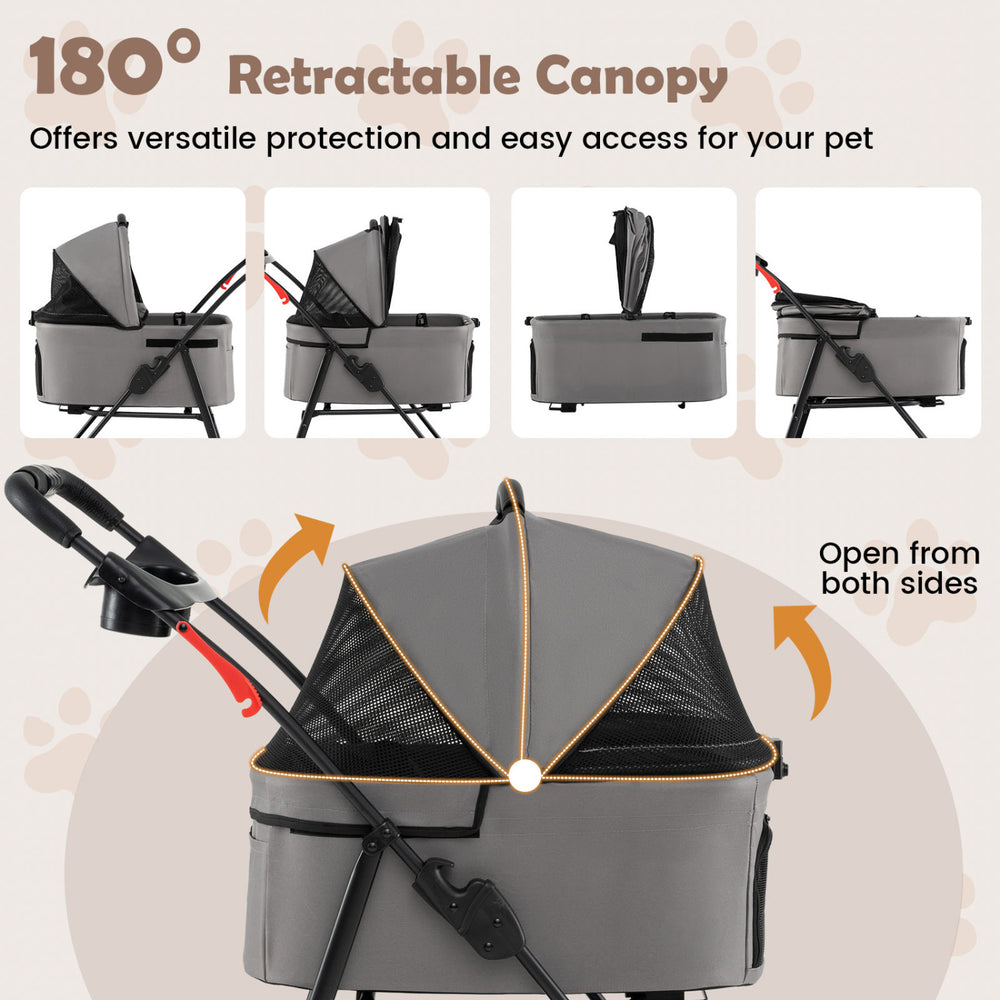 3-in-1 pet stroller with a 180° retractable canopy, gray oxford cloth, and removable carrier for versatile travel.