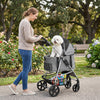 Pet stroller with detachable carrier in gray, featuring breathable mesh windows and a bottom storage basket for.