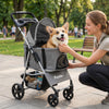 Pet stroller with detachable carrier in gray, featuring breathable mesh windows and a soft padded cushion for comfort.